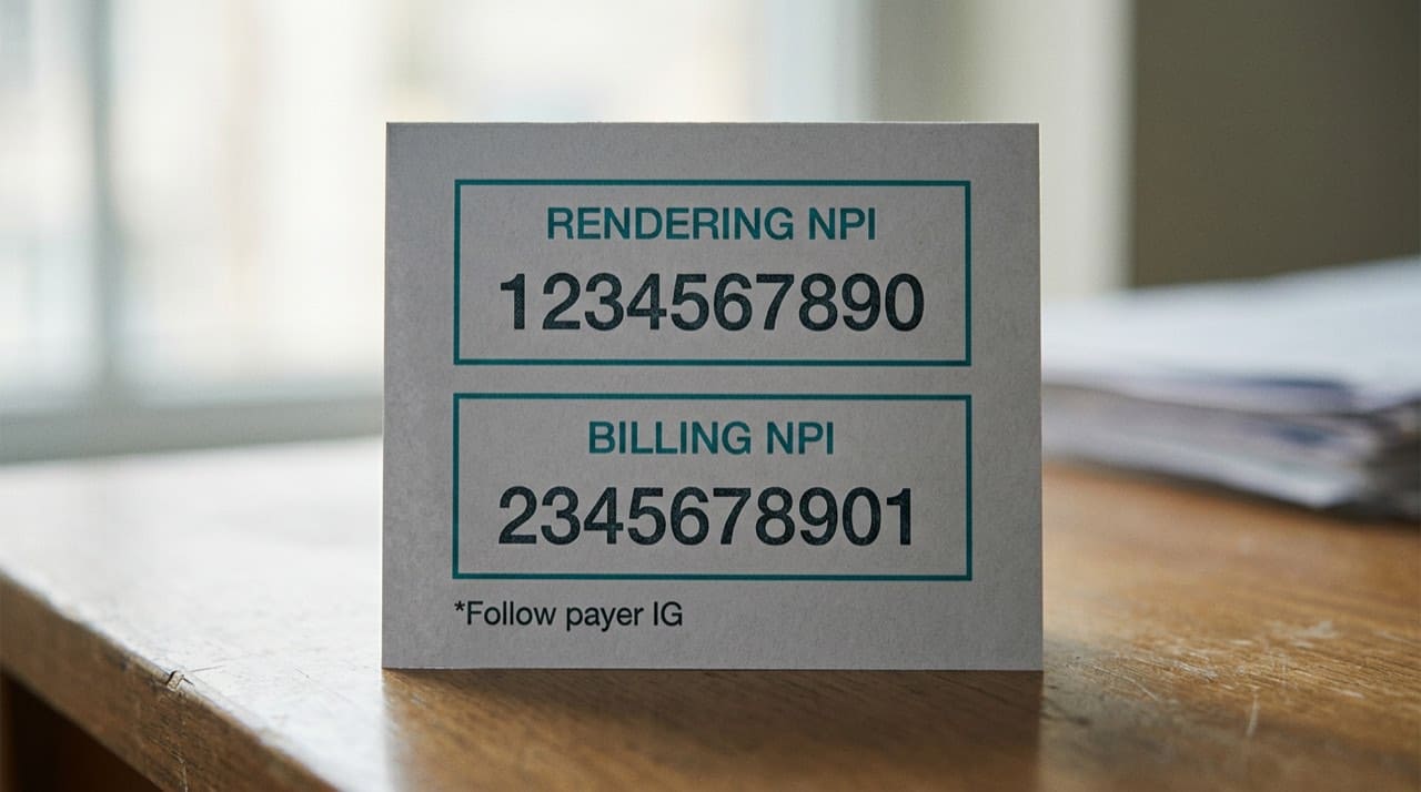Illustration: simplified claim reference slip with two labeled boxes for rendering NPI and billing NPI placeholders only