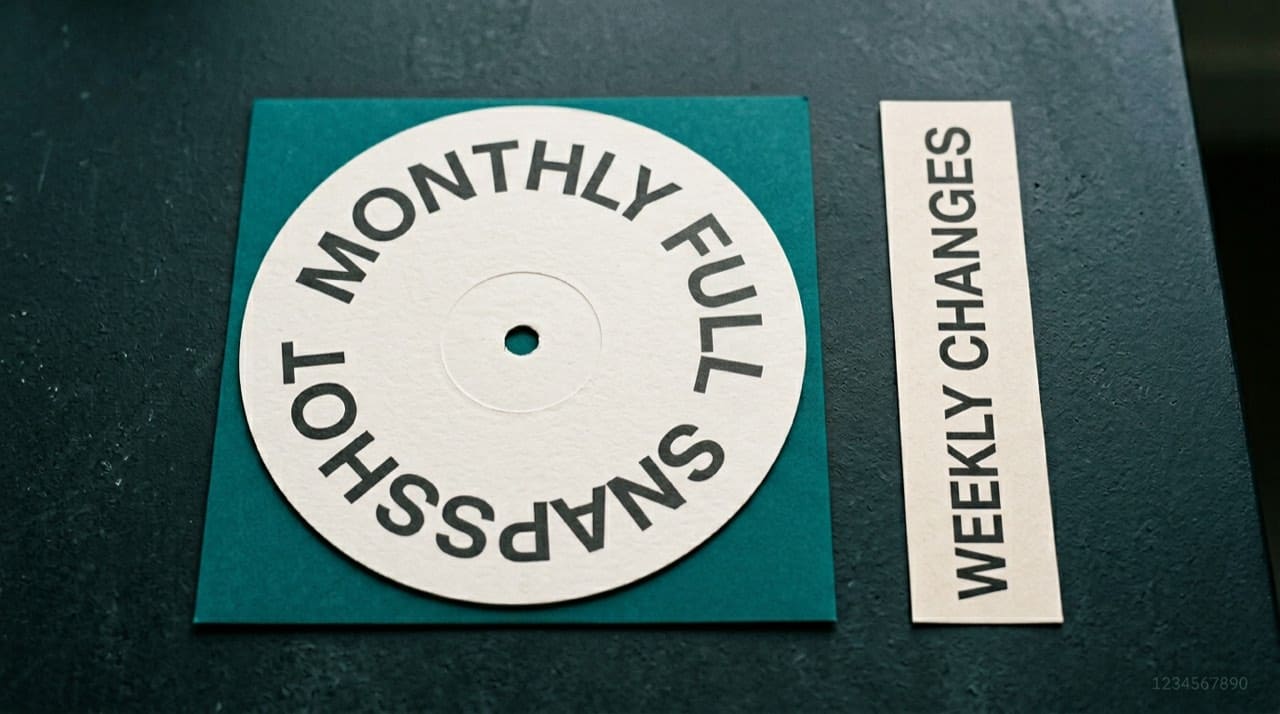 Illustration: large disk label monthly full snapshot beside narrow strip labeled weekly changes; engineering metaphor only