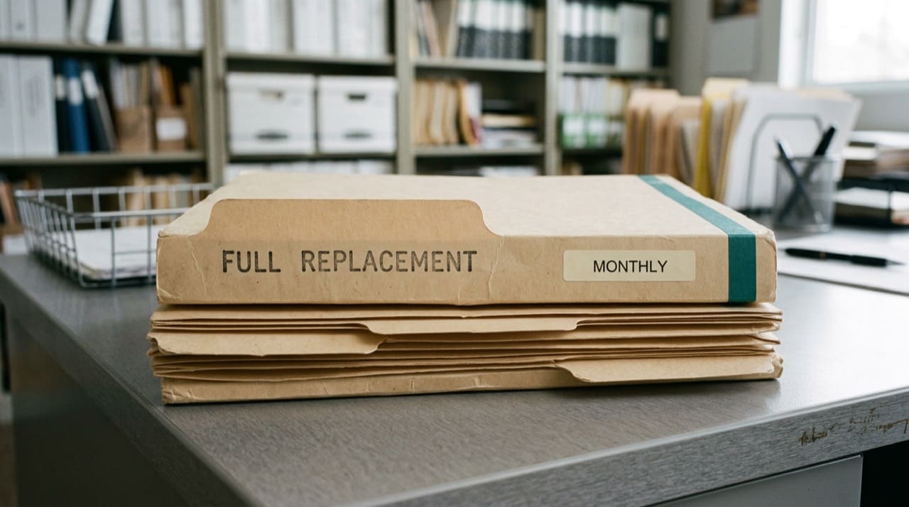 Stack of paper disks labeled FULL FILE monthly illustration only