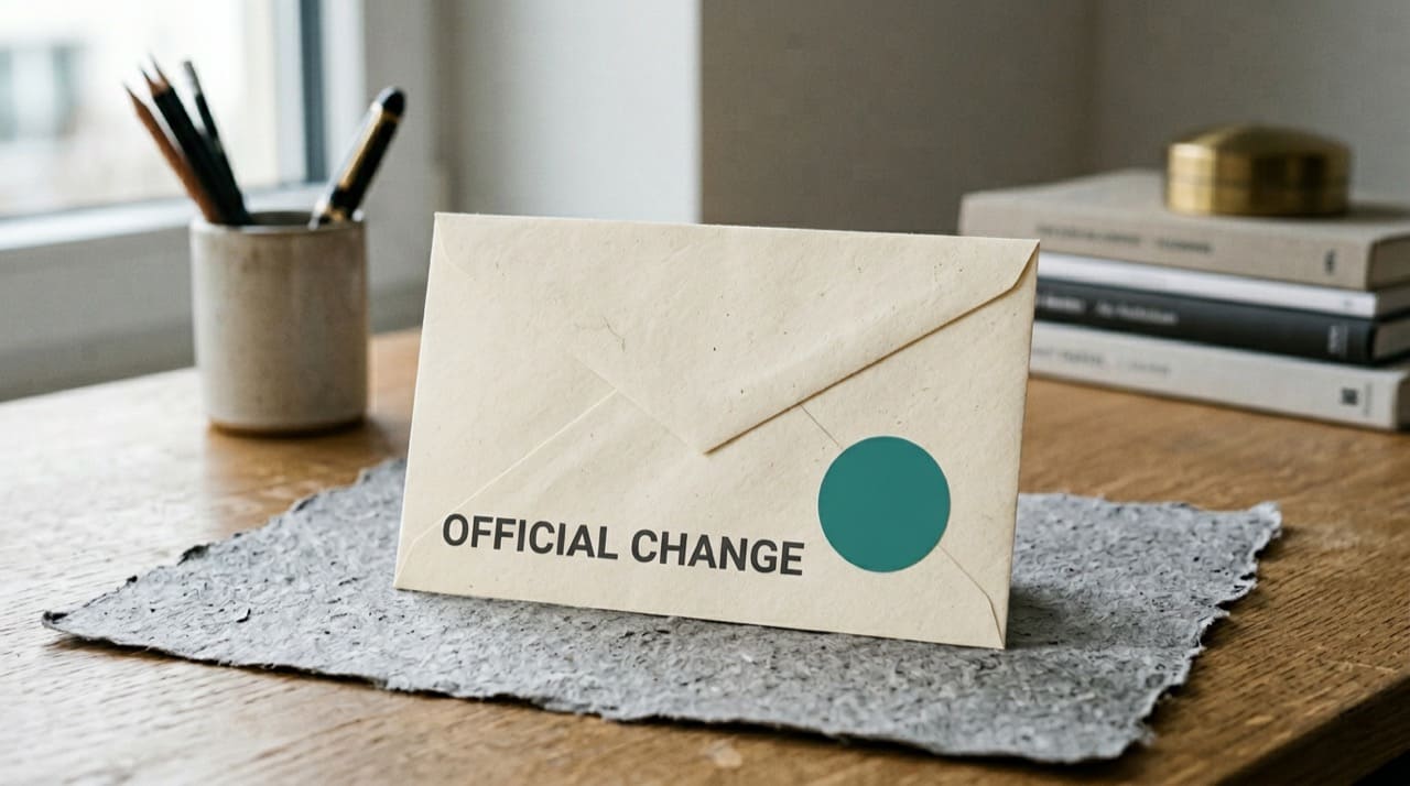 Envelope and word OFFICIAL CHANGE on desk paper illustration only