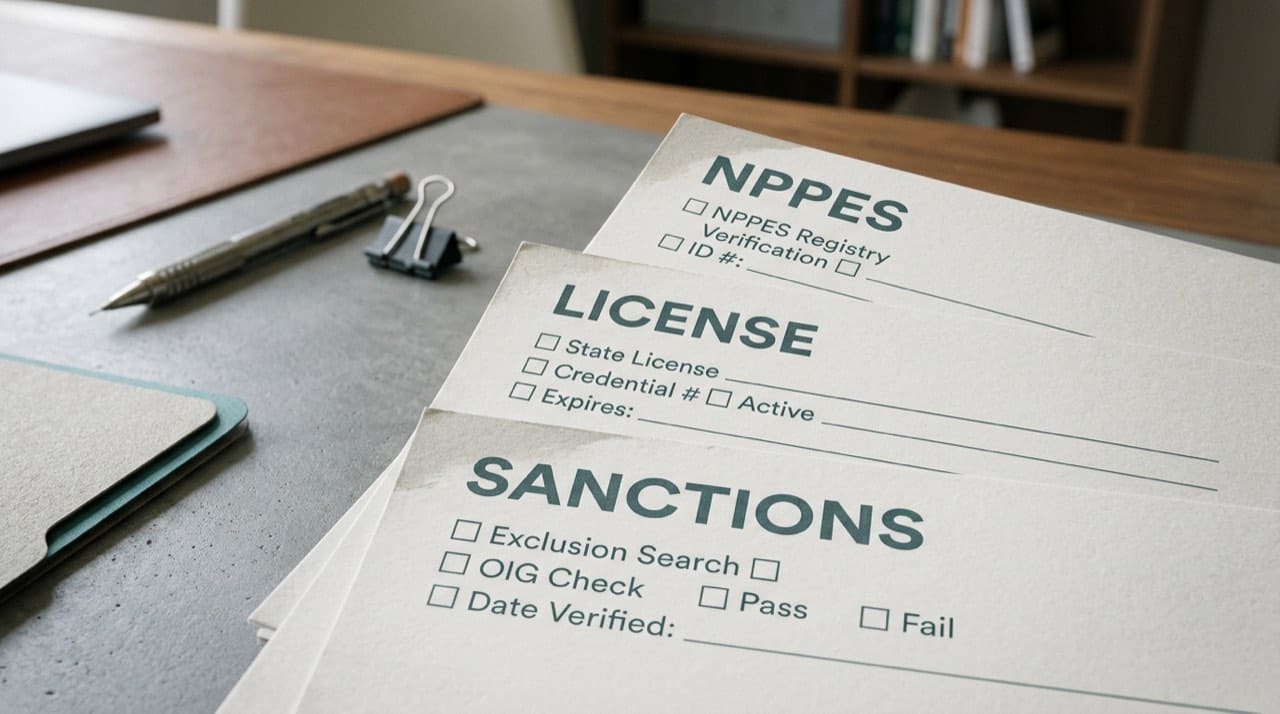 Illustration: stacked paper corners labeled NPPES snapshot, license, sanctions checklist; workflow metaphor only