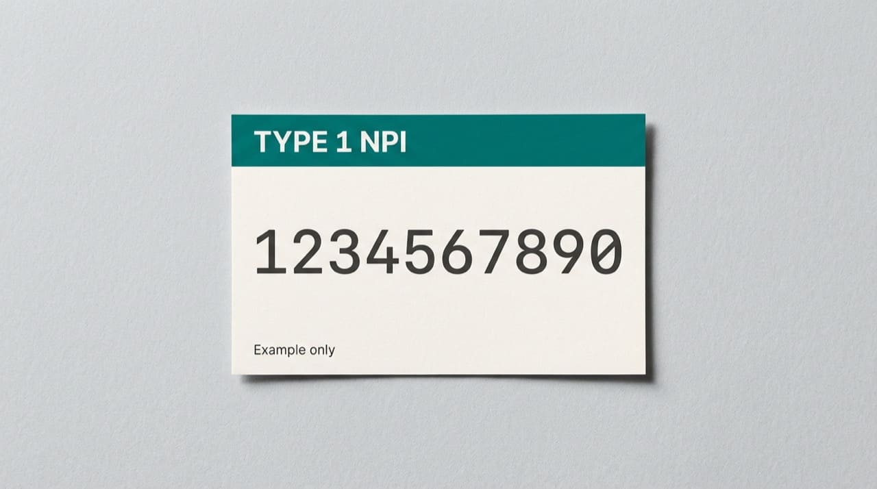 Single index card labeled one Type 1 NPI with placeholder digits 1234567890 (illustration only)