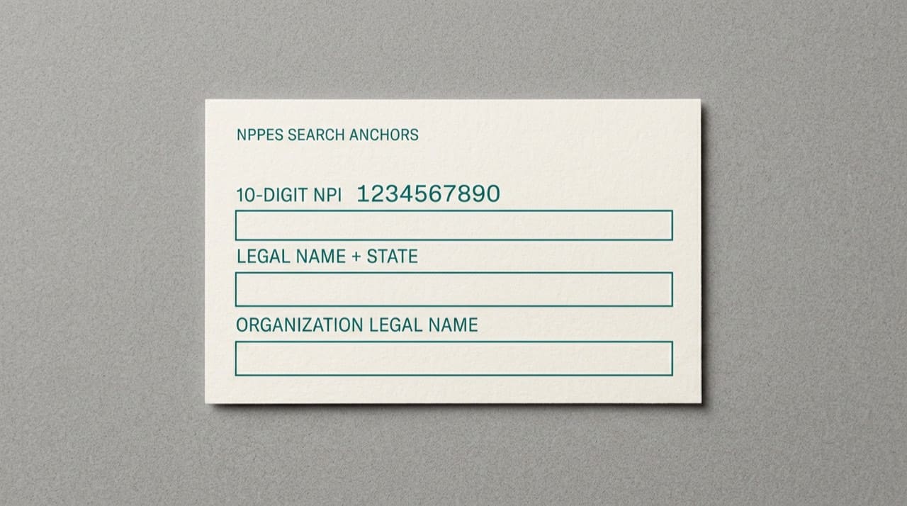Illustration: printed reference card listing strong search anchors: ten-digit NPI, legal name plus state, organization legal name; placeholder digits only