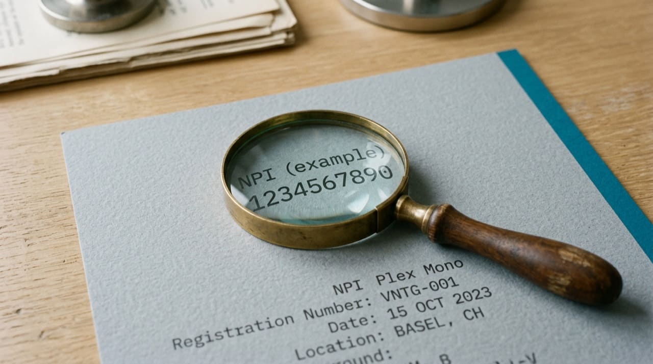 Desk magnifier over a printed ten-digit placeholder row 1234567890 on paper (illustration only)