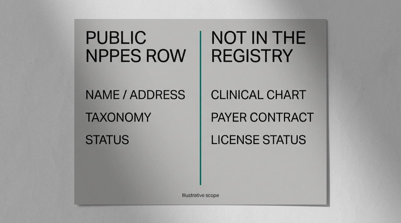 Illustration: two-column office reference contrasting typical public NPPES row topics with what the registry does not replace: clinical chart, contracts, license status; simplified scope only