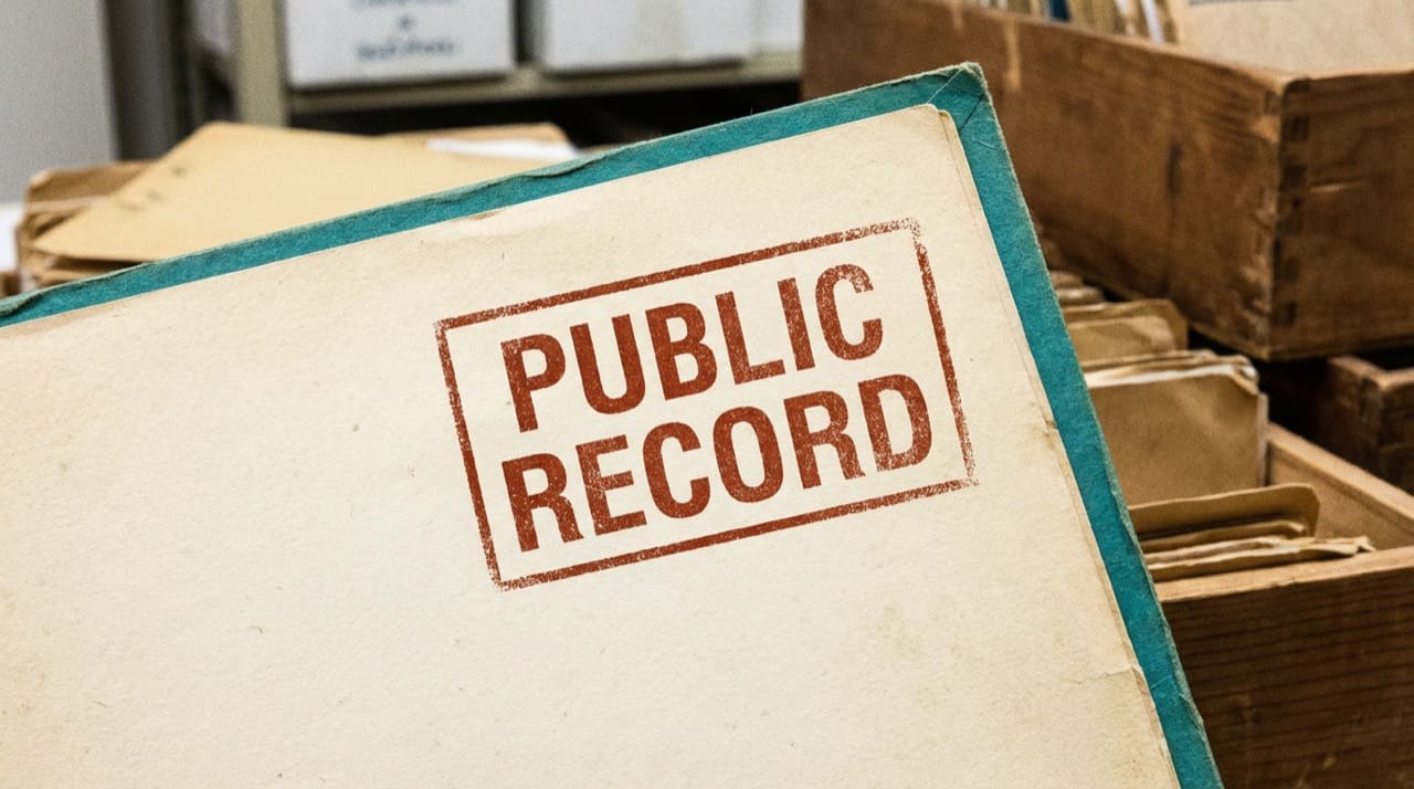 Rubber stamp impression reading PUBLIC RECORD on cream paper (illustration only)