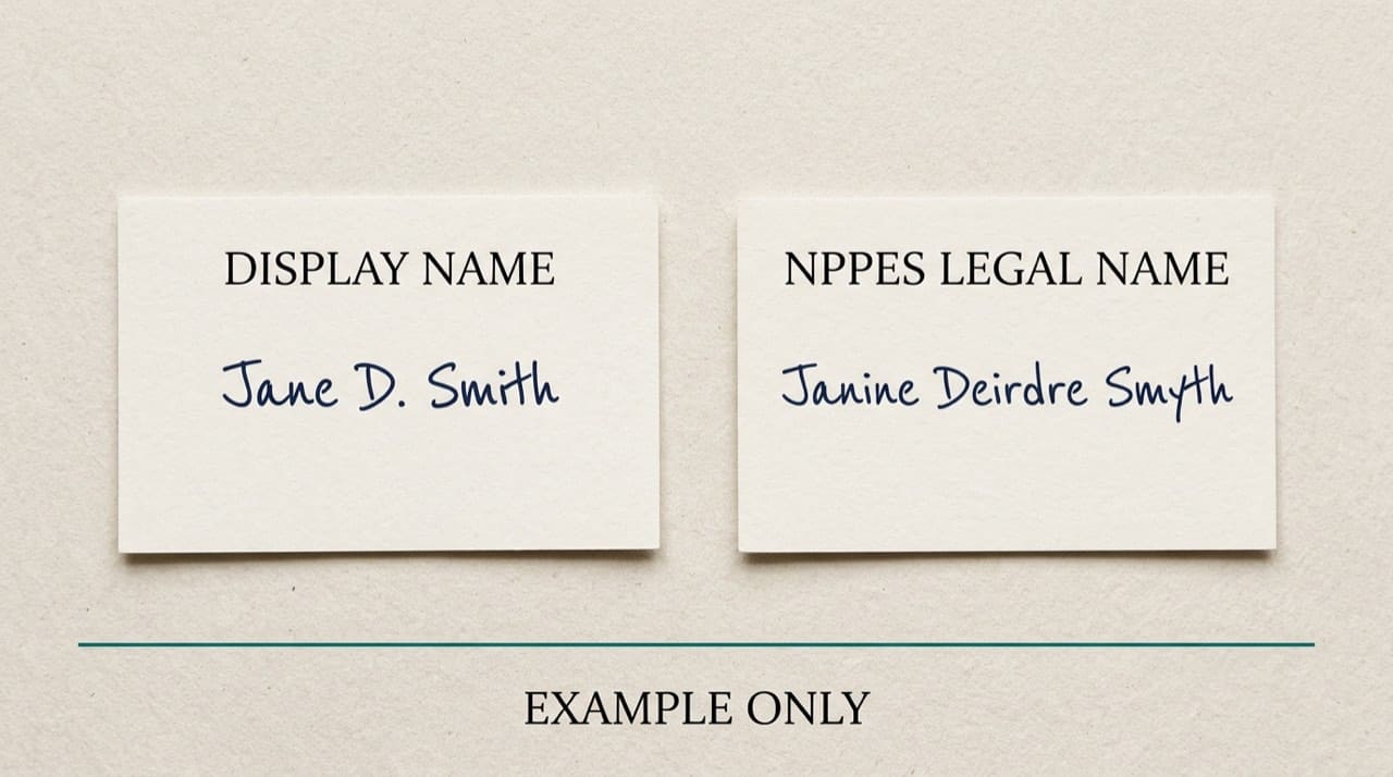 Illustration: two labeled office cards comparing display name versus NPPES legal name placeholder text; simplified training aid only