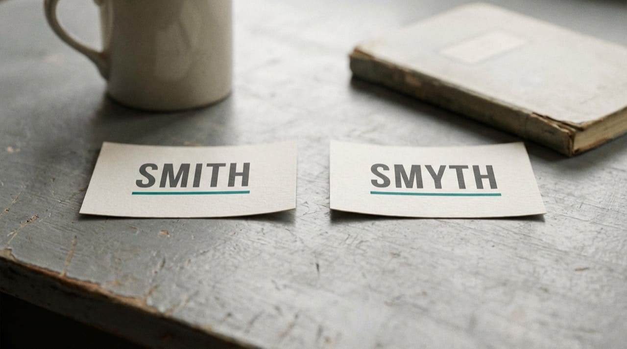 Two name labels on paper showing different spellings side by side illustration only