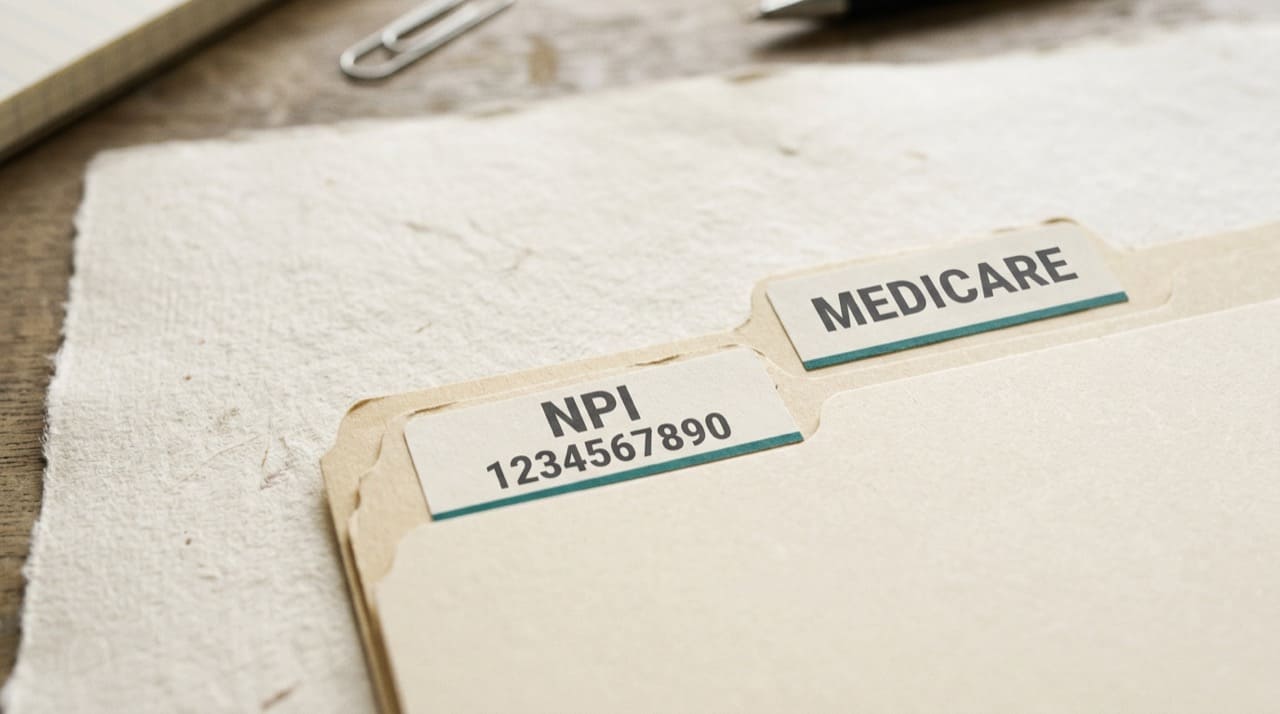 Medicare word on filing tab next to NPI label illustration only not government seal
