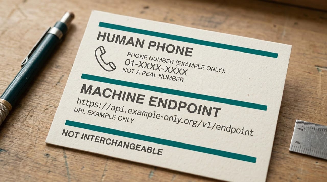Illustration: simple two-lane reference comparing human phone contact versus machine endpoint URL placeholders; not a live system diagram