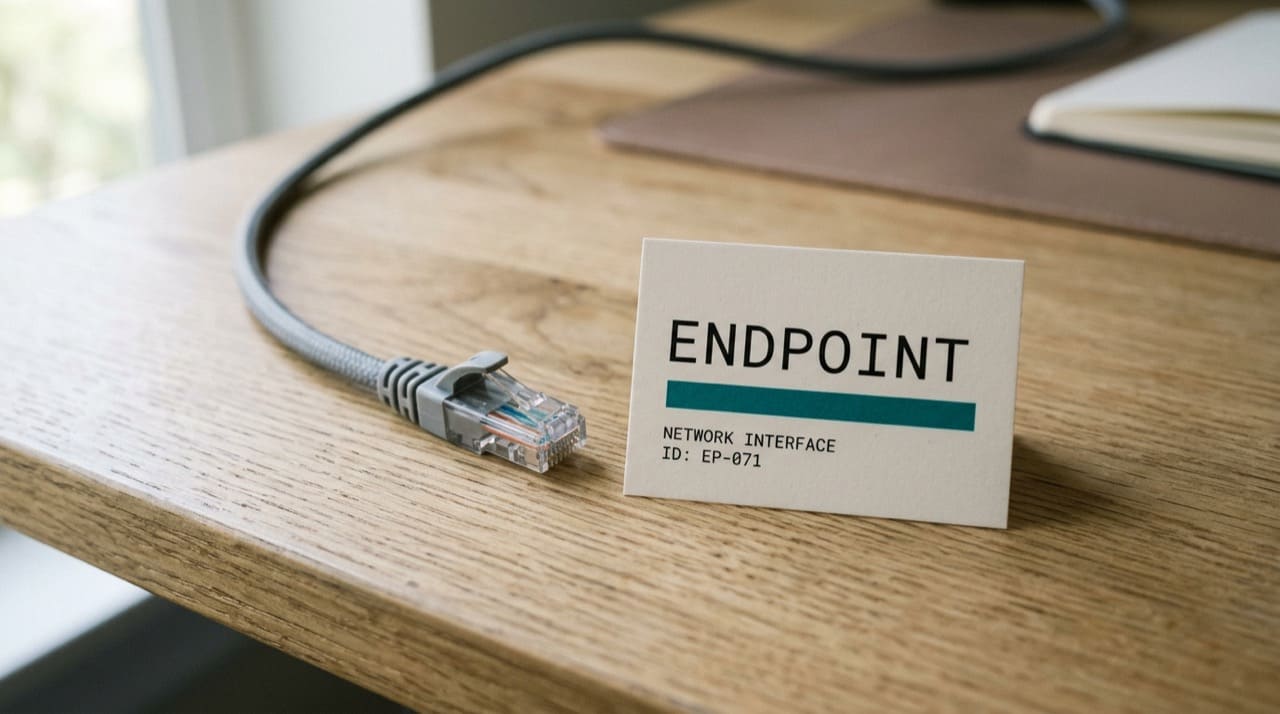 Network cable plug sketch on paper next to word ENDPOINT illustration only