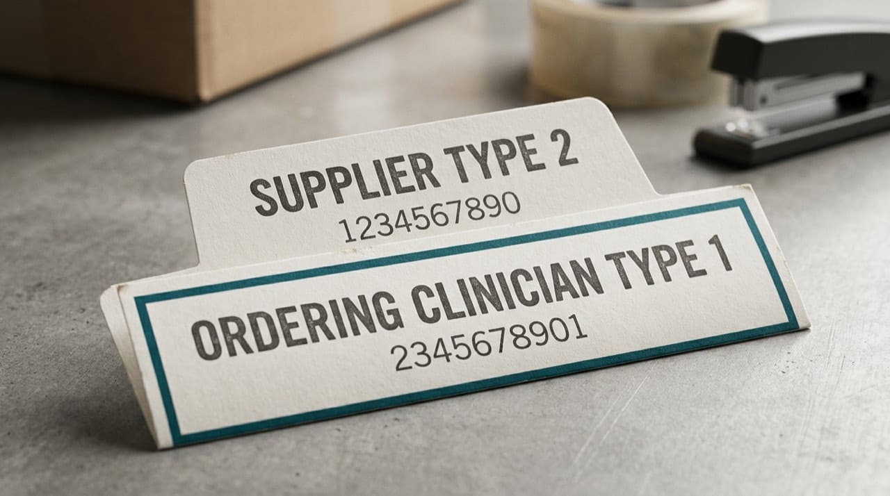 Illustration: stacked paper labels for supplier Type 2 and ordering clinician Type 1 placeholders; simplified DME workflow only