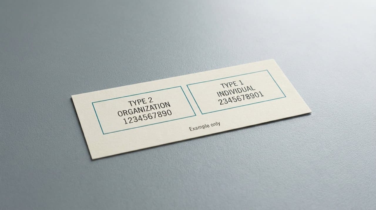 Illustration: printed reference slip with two labeled boxes, organization Type 2 and individual Type 1, placeholder digits only; training aid not a live claim