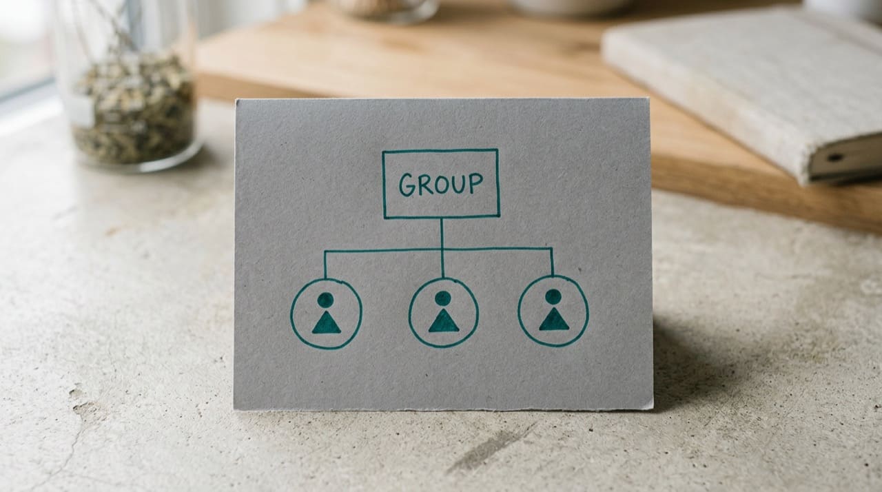 Organization chart sticky note with one group box and three person icons illustration only