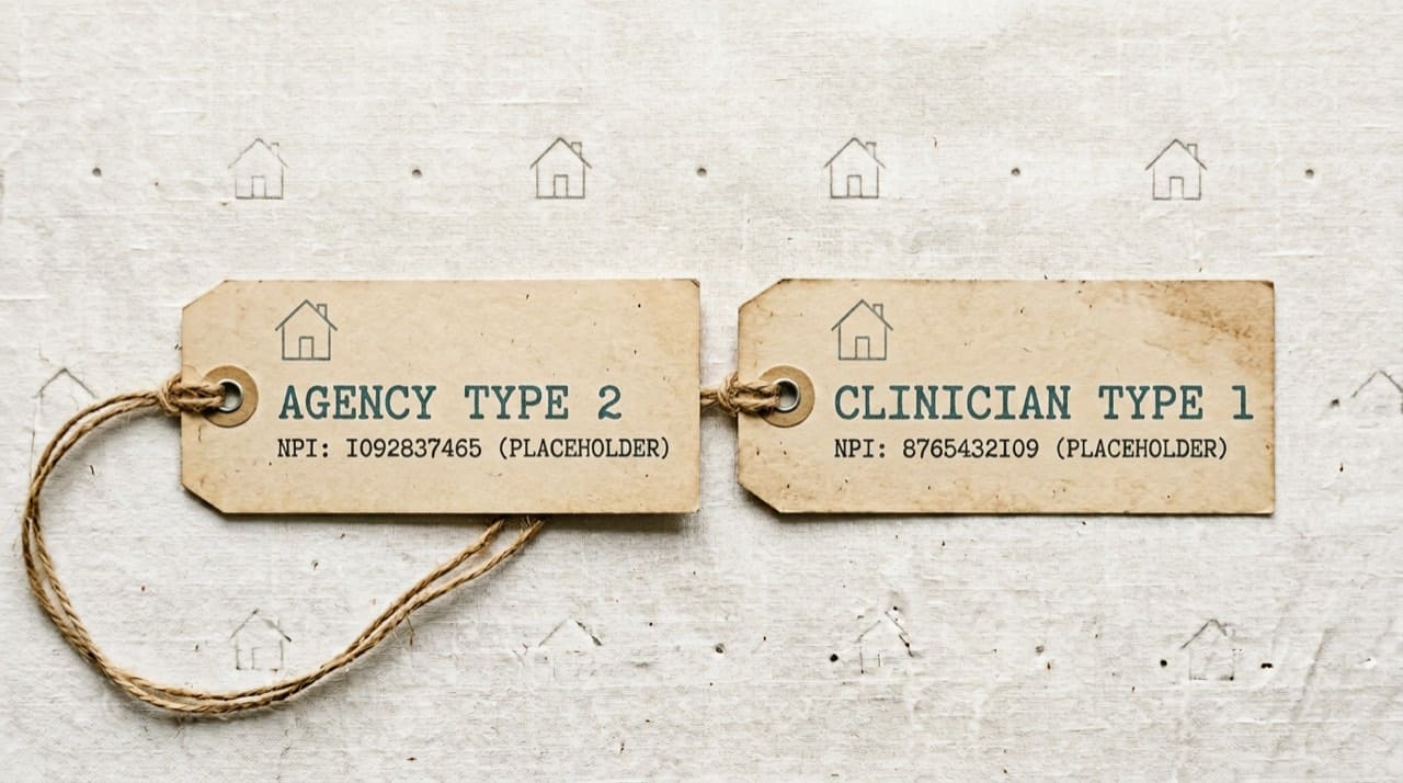 Illustration: two filing tags labeled agency Type 2 and clinician Type 1 with placeholder digits; home health reference only