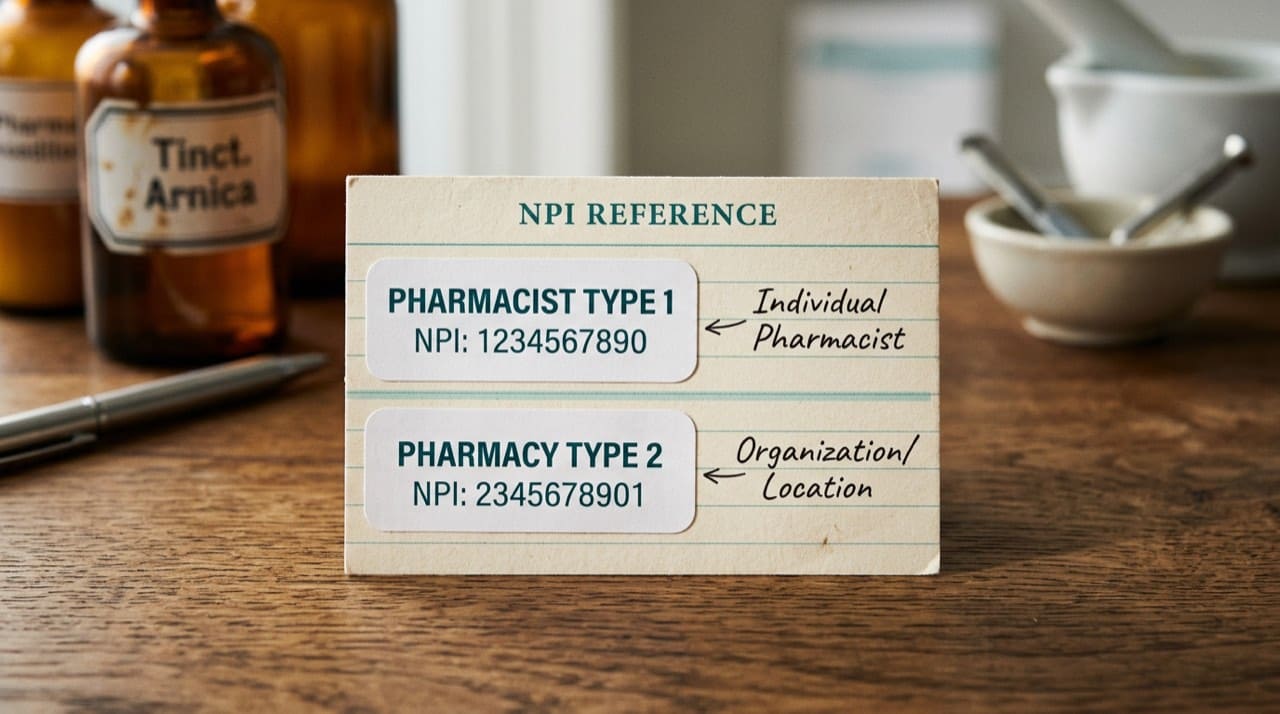 Illustration: small counter reference with two labels, pharmacist Type 1 and pharmacy Type 2, placeholder digits only