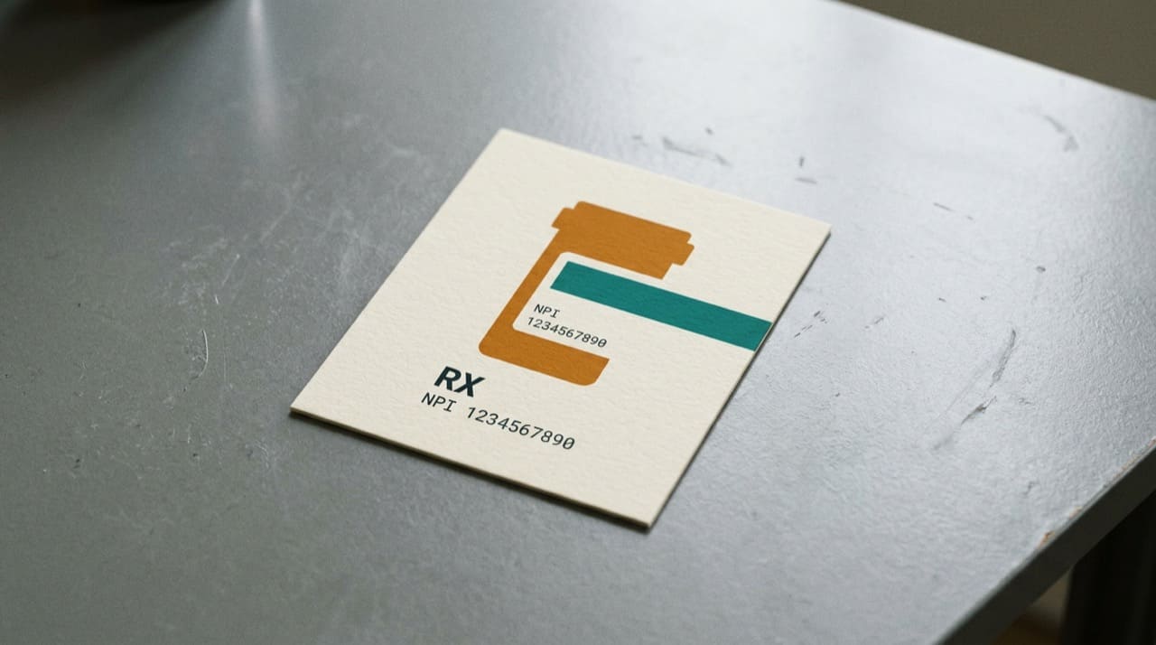Pill bottle silhouette on paper next to RX and NPI labels illustration only
