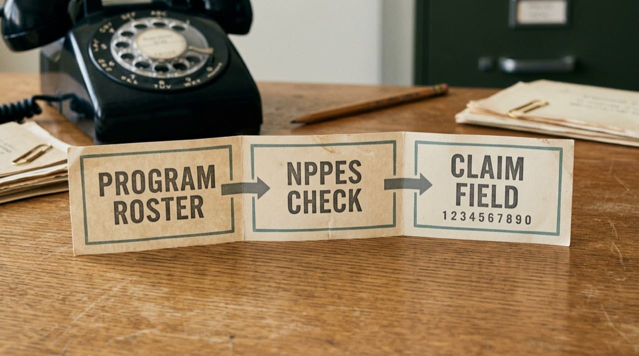 Illustration: three-step paper strip from program roster to NPPES check to claim field placeholders; simplified trainee workflow only