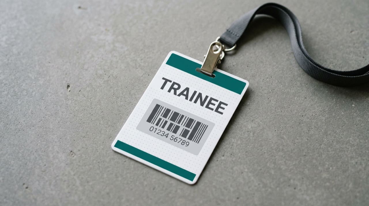 Student ID style card with word TRAINEE and placeholder text illustration only