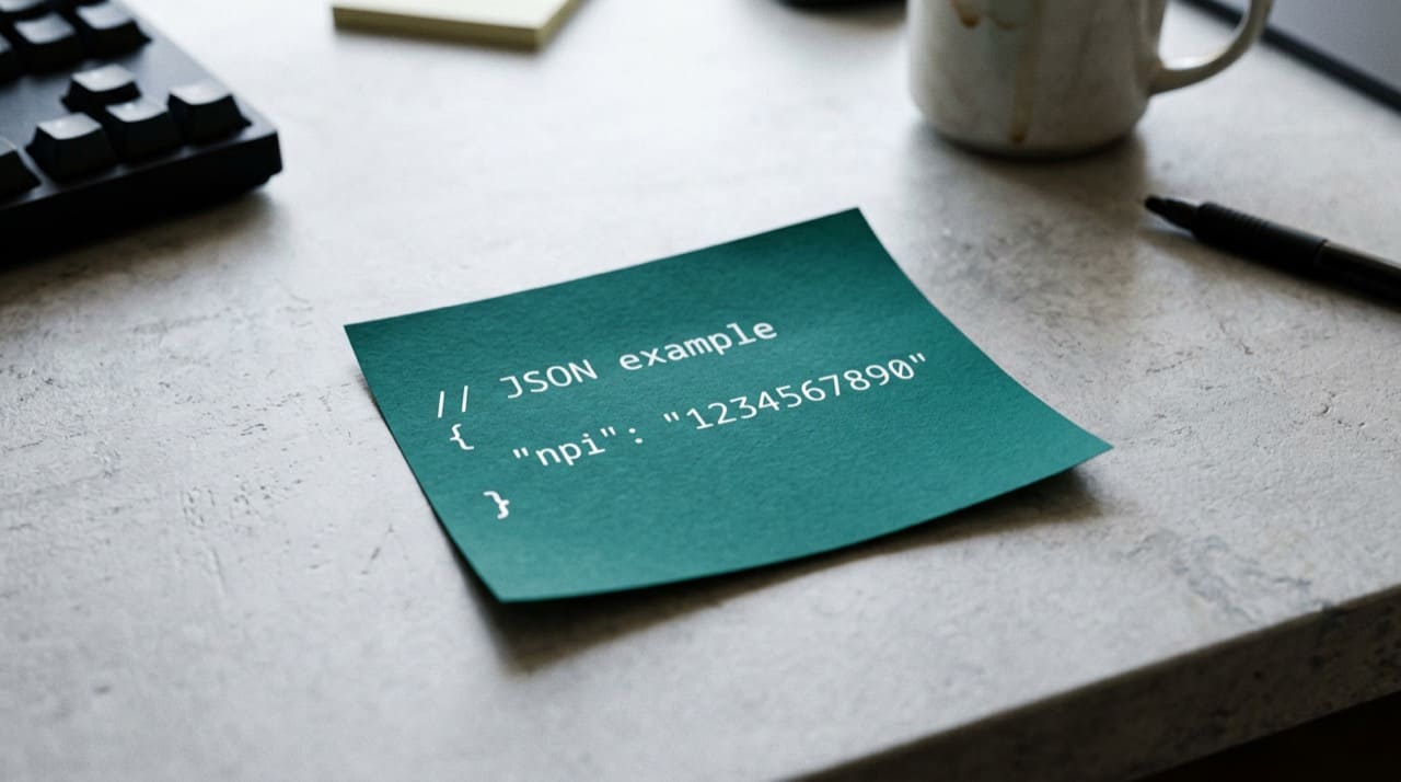 Curly braces and word JSON on dark teal sticky note illustration only