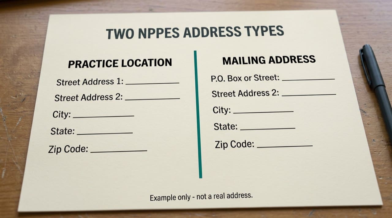 Illustration: two-column reference card labeling practice location versus mailing address with placeholder street lines only; not real addresses