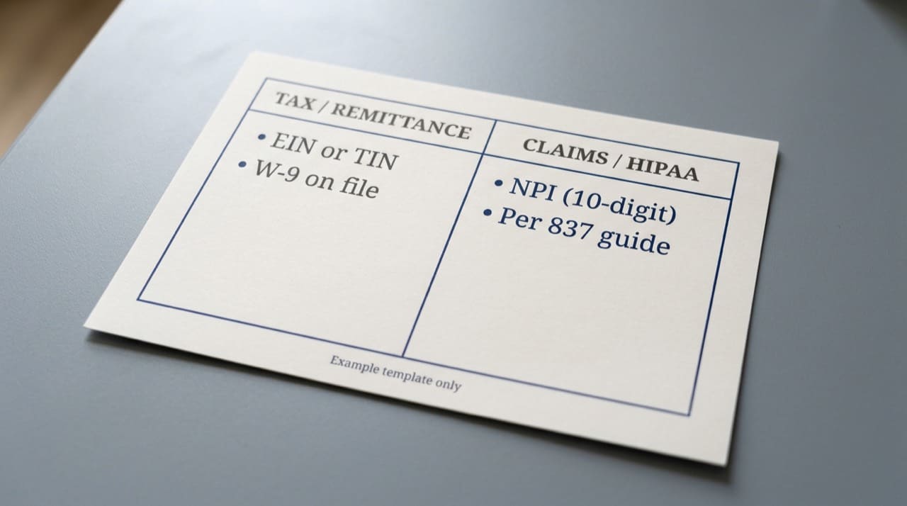 Illustration: two-column office sheet comparing tax and remittance fields versus claims and NPI fields, simplified example only