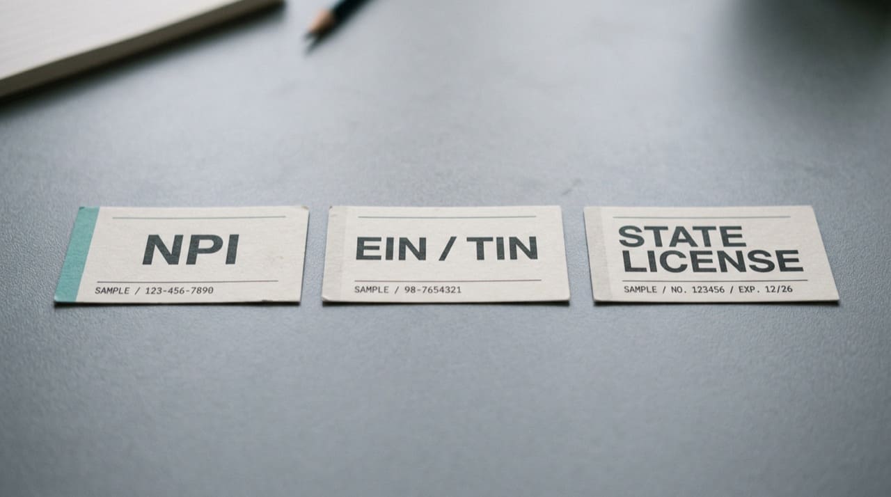 Three sample office labels reading NPI, EIN or TIN, and State license (illustration only, not real identifiers)