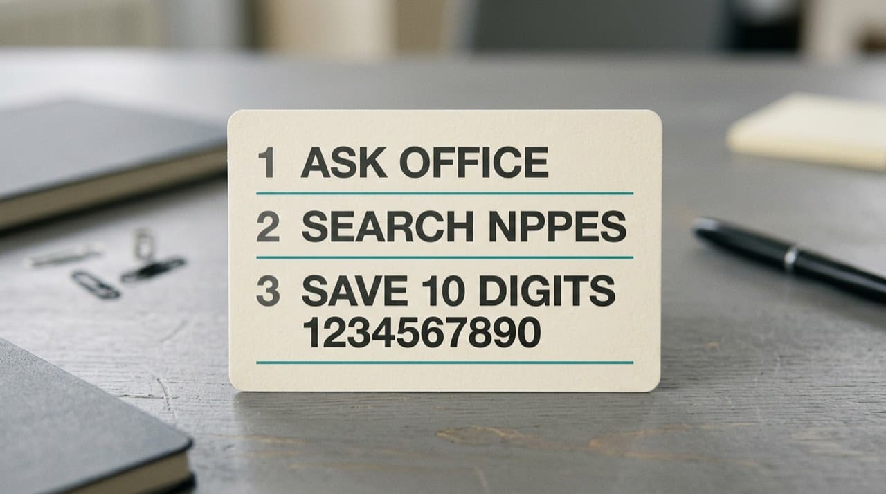 Illustration: three-step index card reading ask office, search NPPES, save ten digits; patient reminder only