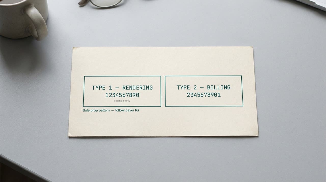 Illustration: simplified two-field reference showing Type 1 rendering and Type 2 billing slots with placeholder NPI digits only; real claims follow your payer implementation guide