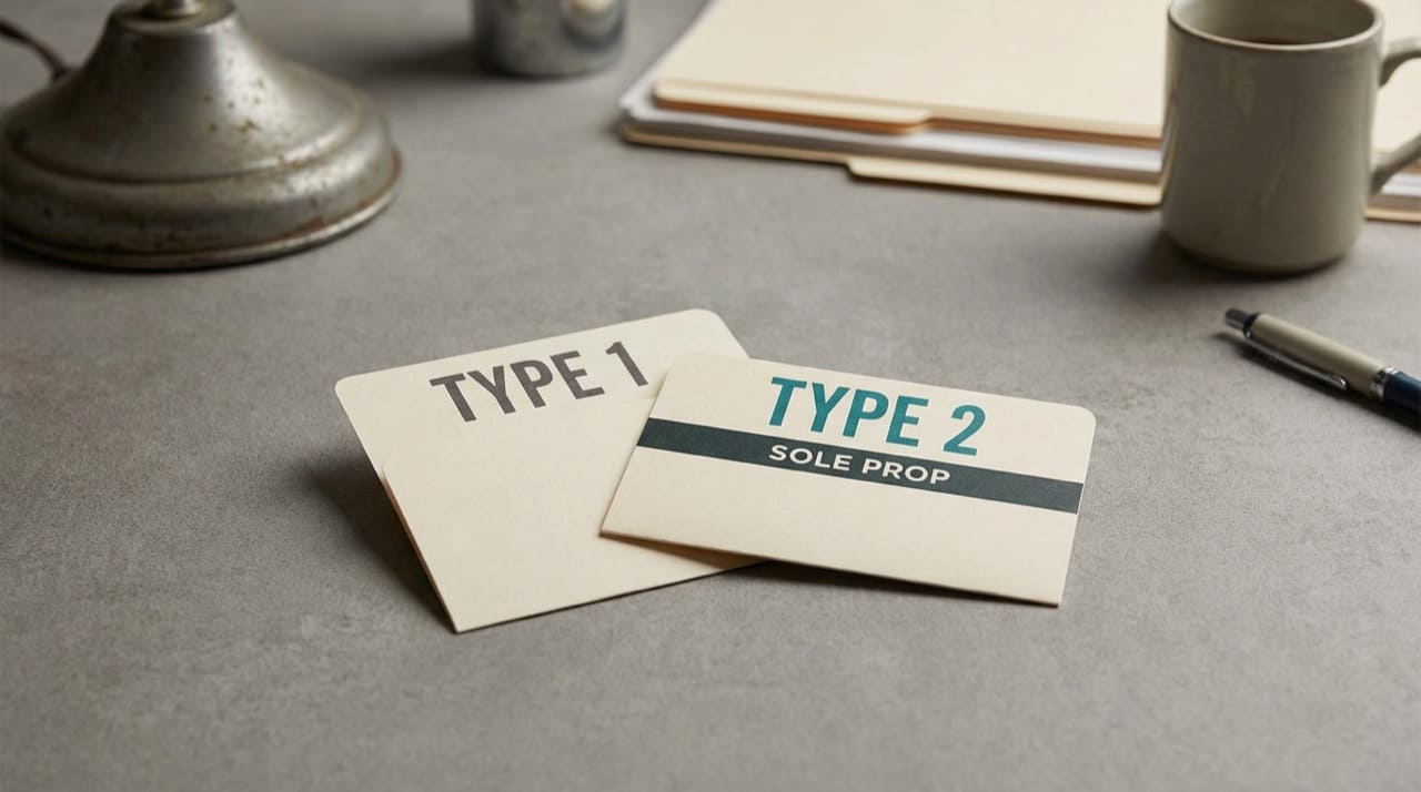Two stacked office tabs labeled Type 1 and Type 2 sole prop (illustration only)