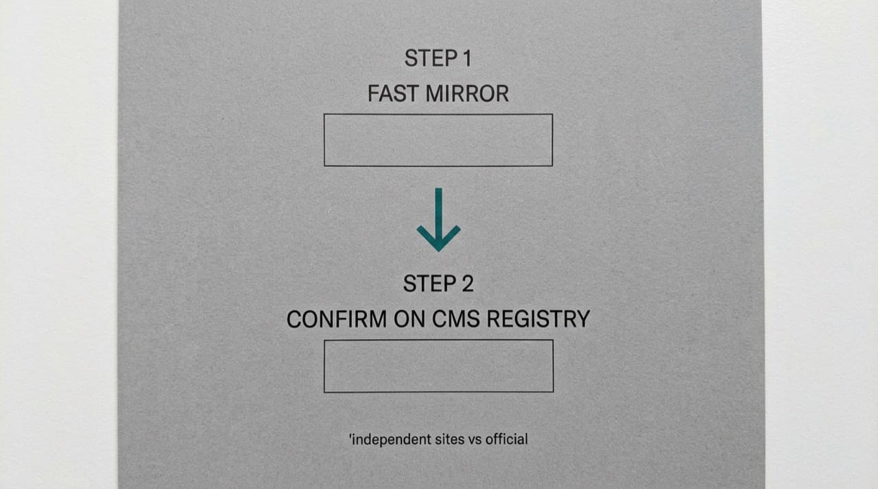 Illustration: simple two-step reference showing fast mirror lookup then confirmation on official CMS registry; placeholders only