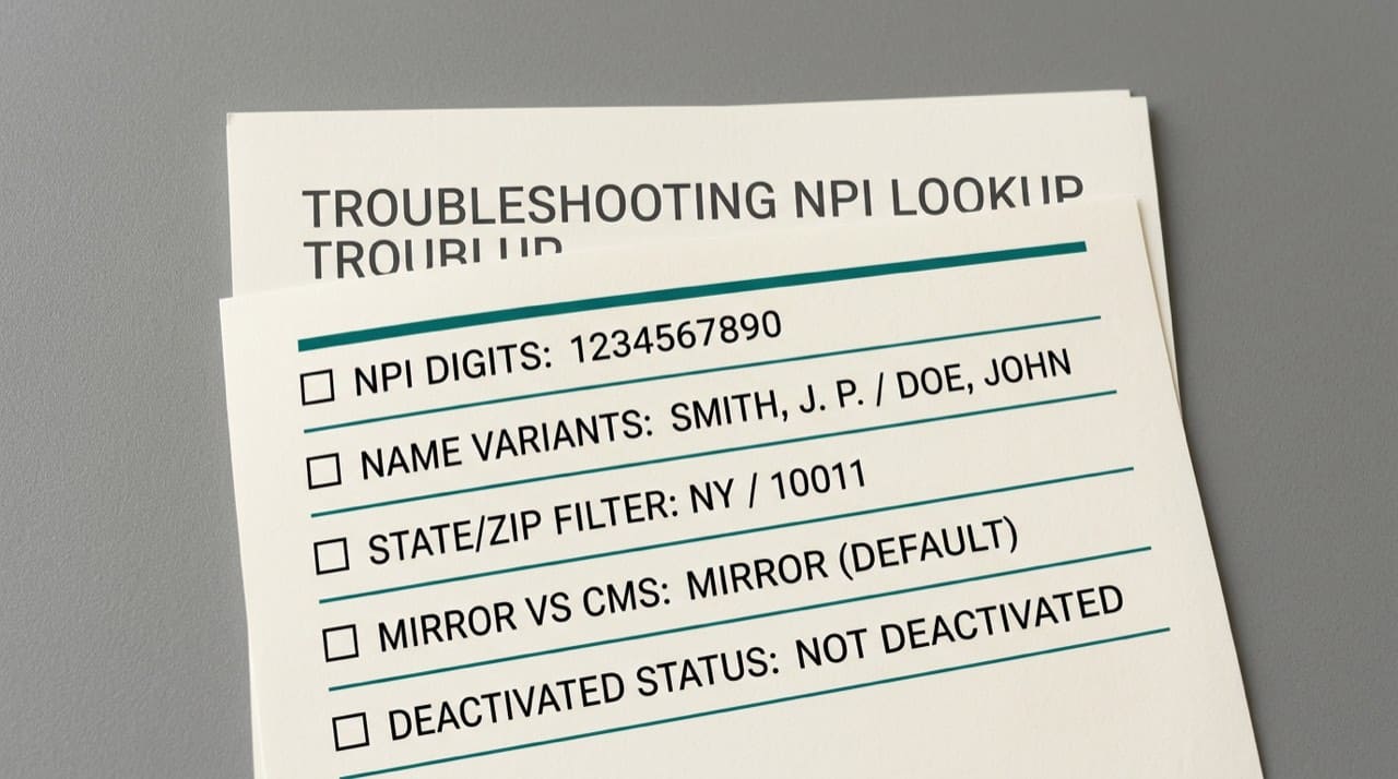 Illustration: printed troubleshooting checklist for NPI lookup: digits, name variants, filters, mirror vs CMS, placeholder text only; not a real form