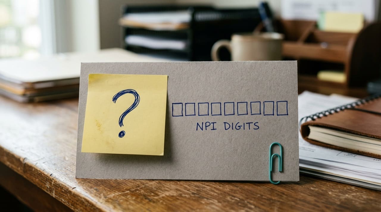 Question mark sticky note next to ten blank boxes for NPI digits illustration only