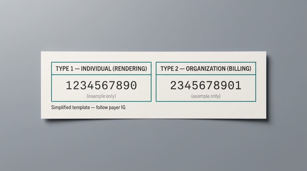 Illustration: simplified two-field claim reference showing Type 1 individual rendering versus Type 2 organization billing with placeholder digits only