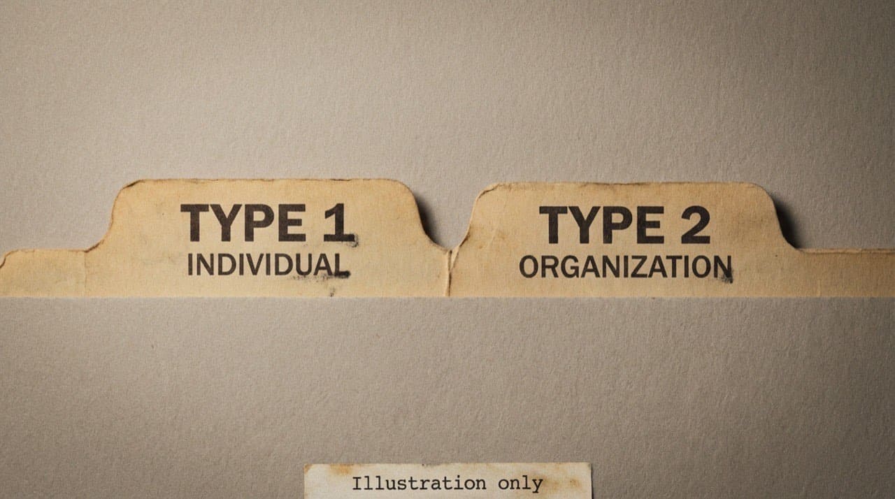 Two labeled filing tabs reading Type 1 Individual and Type 2 Organization (illustration only)