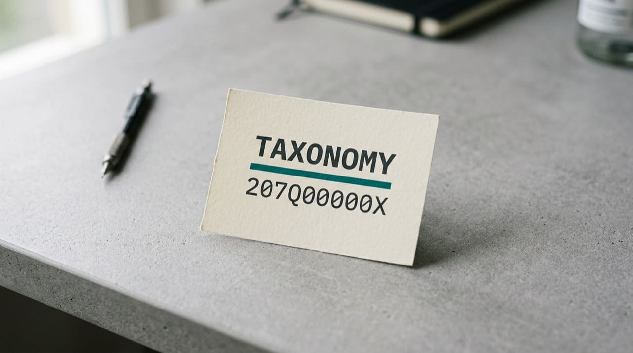 Printed reference slip showing taxonomy code label and placeholder code 207Q00000X (illustration only)