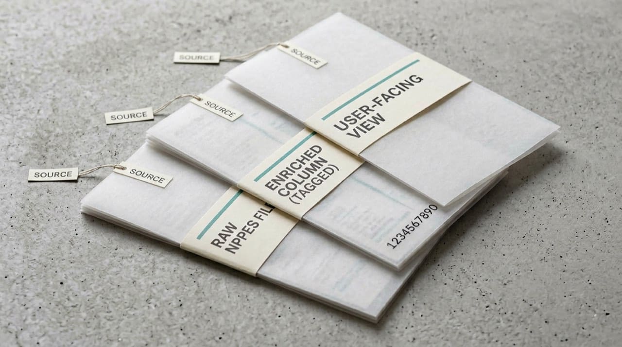 Illustration: three stacked transparent cards labeled raw file, enriched column, user facing with source tags; governance metaphor only