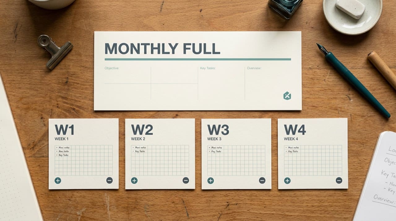 Illustration: wide monthly plate under smaller weekly tiles with plus and minus marks; feed cadence metaphor only