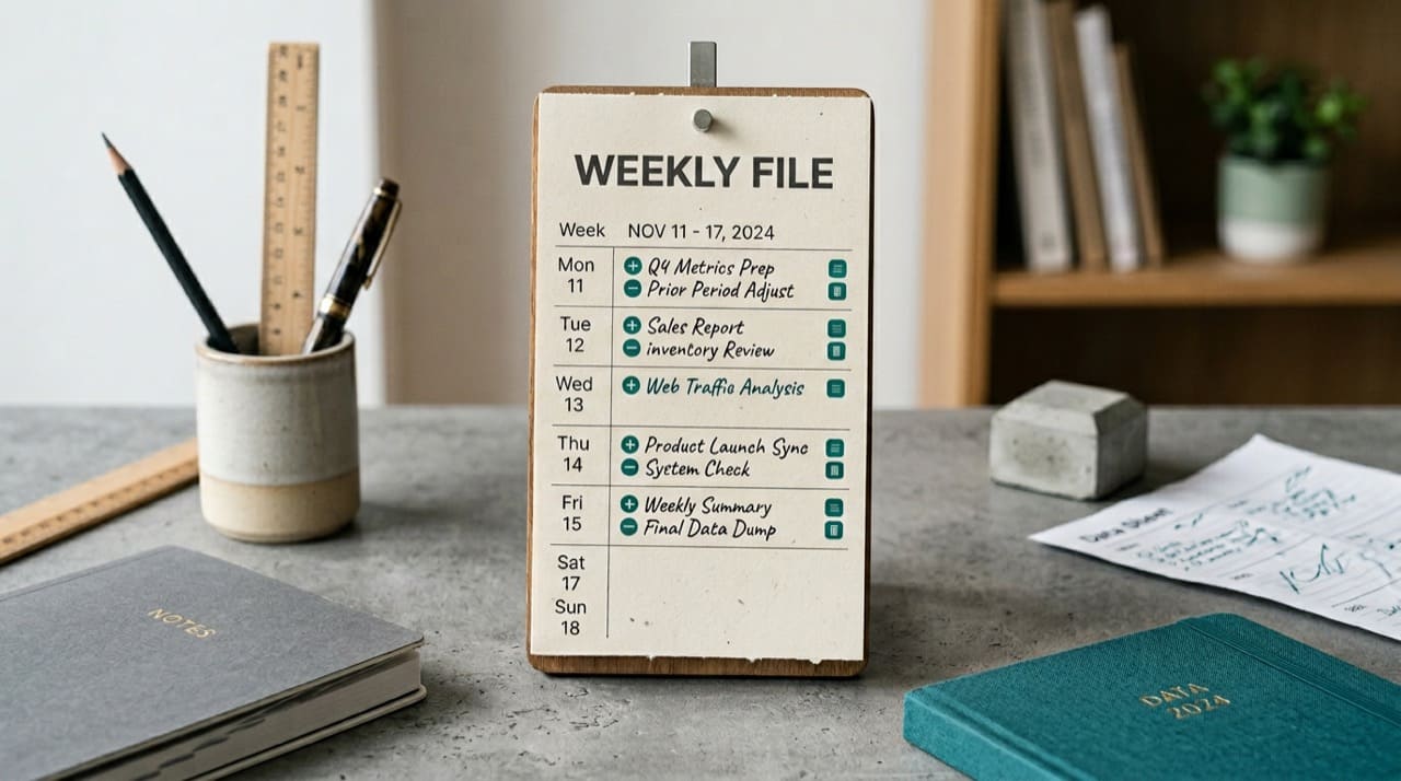 Weekly calendar strip with plus and minus symbols illustration only