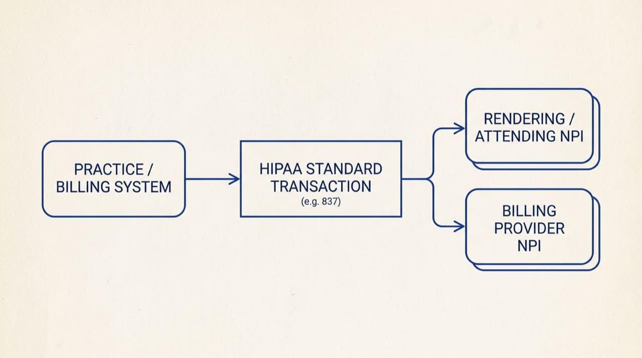 Simplified illustration: billing system to HIPAA transaction to separate rendering and billing NPI roles; real 837 layouts follow your vendor guide