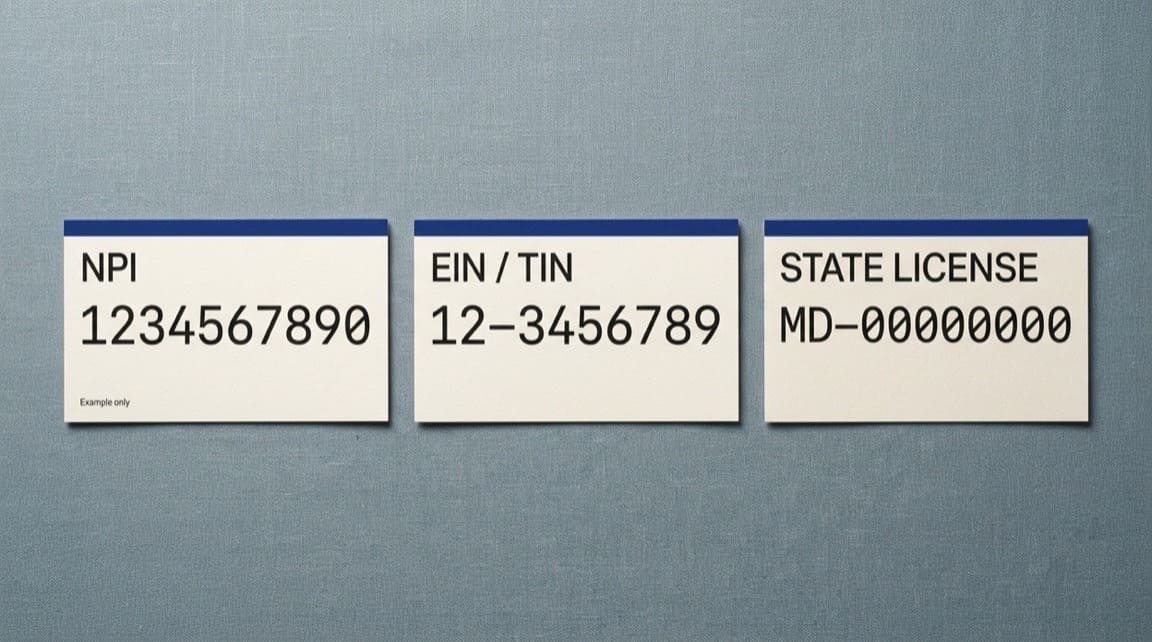 Illustration: three index-style cards for NPI, EIN or TIN, and state license, with obvious placeholder values only, not real identifiers