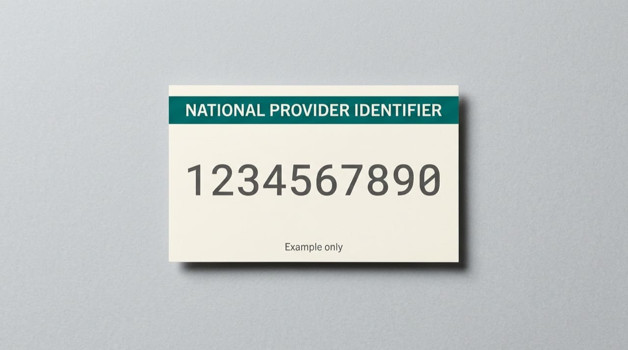 Photo-style index card labeled National Provider Identifier with placeholder digits 1234567890 (example only, not a real NPI)