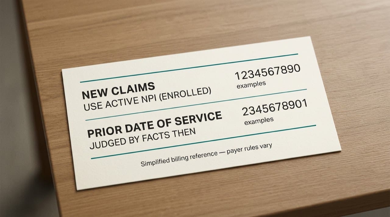 Illustration: simplified billing reference with two lanes: new claims use an active enrolled NPI versus prior dates of service judged by facts at the time; payer rules vary; placeholder NPIs only