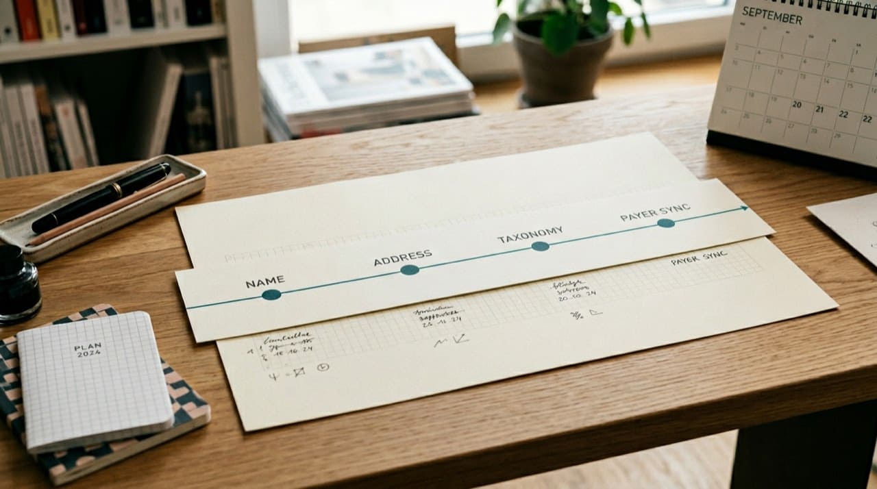 Illustration: horizontal timeline strip with markers for name, address, taxonomy, and downstream payer sync; planning aid only