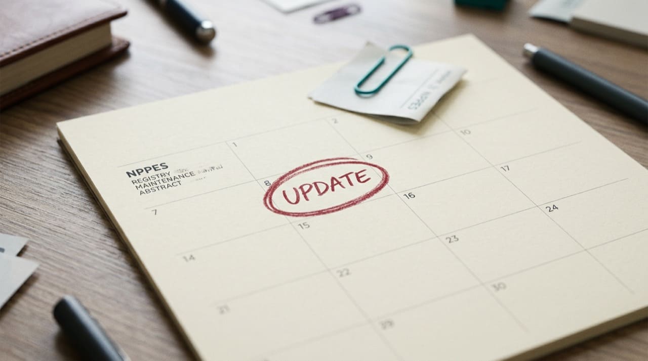 Calendar page with UPDATE circled and NPPES note illustration only