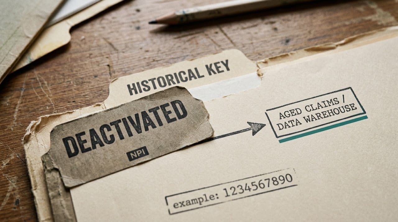 Illustration: filing-style diagram showing deactivated NPI still referenced as a historical key for aged claims and warehouse joins; placeholder digits only, not a live system screenshot