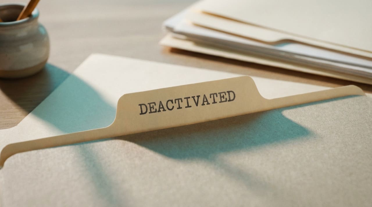 File folder tab labeled DEACTIVATED in neutral office tones (illustration only)